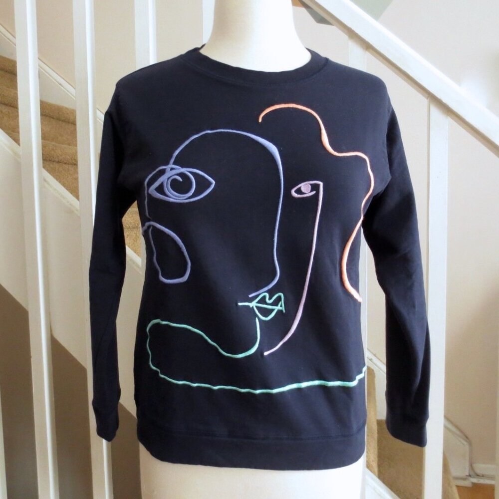Oliver Bonas Navy Blue Pastel Face Outline Picasso Sweatshirt UK 10 US 6 S Small